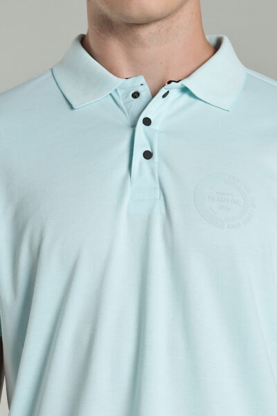 Men’s Cotton-Rich Birdseye Polo T-Shirt with Contrast Tipping & HD Chest Print - PALE CYAN, L