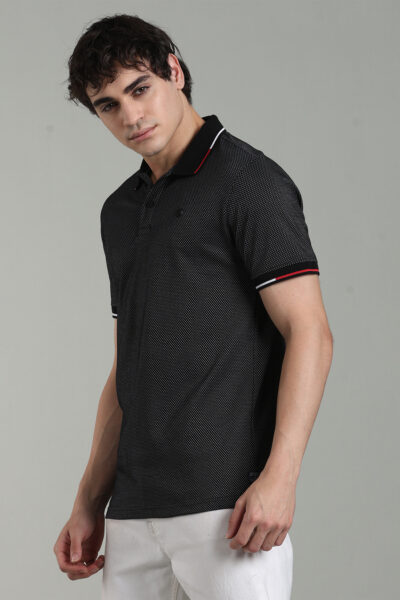 Men’s Premium Popcorn Texture Polo T-Shirt with Multi-Colour Collar Tipping & AOP Yoke – Black & Olive