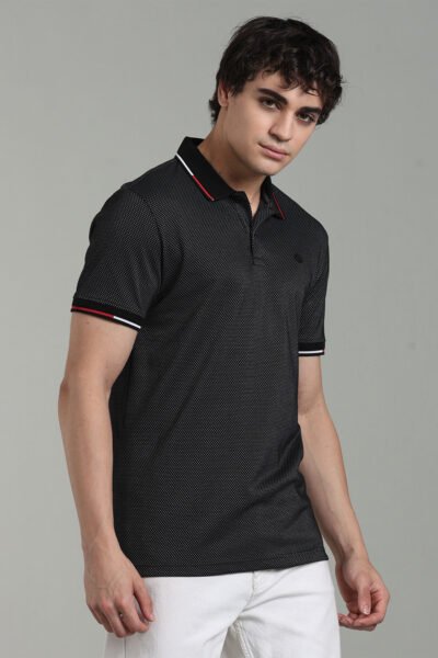 Men’s Premium Popcorn Texture Polo T-Shirt with Multi-Colour Collar Tipping & AOP Yoke – Black & Olive - BLACK, XXL