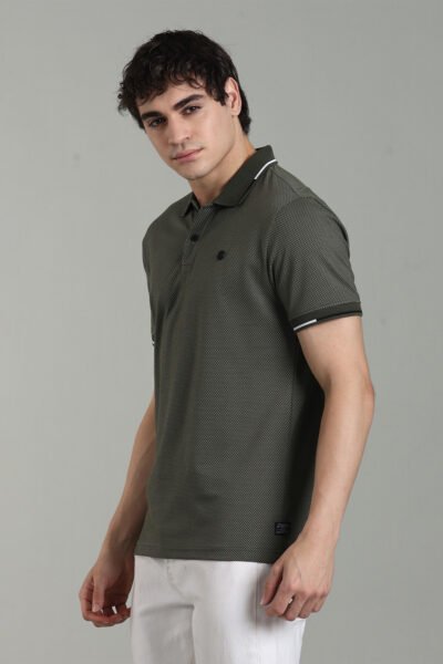 Men’s Premium Popcorn Texture Polo T-Shirt with Multi-Colour Collar Tipping & AOP Yoke – Black & Olive - OLIVE, XXL