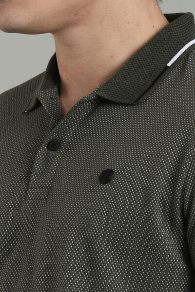 Men’s Premium Popcorn Texture Polo T-Shirt with Multi-Colour Collar Tipping & AOP Yoke – Black & Olive - OLIVE, XXL