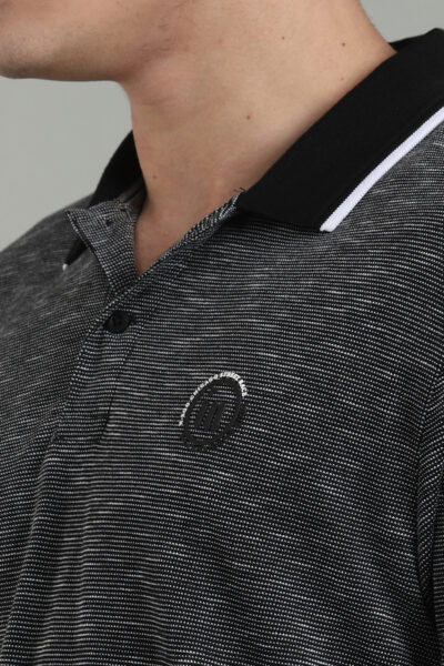 Men’s Luxury Slub Jacquard Polo T-Shirt with HD Chest Print & Contrast Tipping – Navy & Black - BLACK, XXL