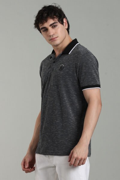 Men’s Luxury Slub Jacquard Polo T-Shirt with HD Chest Print & Contrast Tipping – Navy & Black - BLACK, XXL