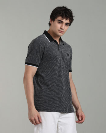 Men’s Luxury Slub Jacquard Polo T-Shirt with HD Chest Print & Contrast Tipping – Navy & Black