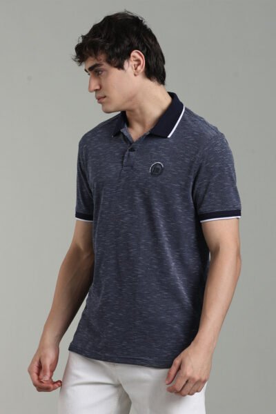 Men’s Luxury Slub Jacquard Polo T-Shirt with HD Chest Print & Contrast Tipping – Navy & Black - NAVY, XXL