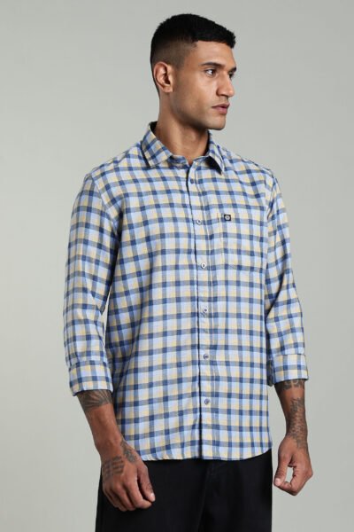 Men’s Premium Linen Checked Long Sleeve Shirt with Logo Detail – Yellow & Blue Checks - BLUE, XXL