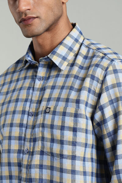 Men’s Premium Linen Checked Long Sleeve Shirt with Logo Detail – Yellow & Blue Checks - BLUE, XXL