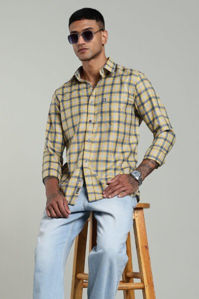 Men’s Premium Linen Checked Long Sleeve Shirt with Logo Detail – Yellow & Blue Checks - YELLOW, XXL