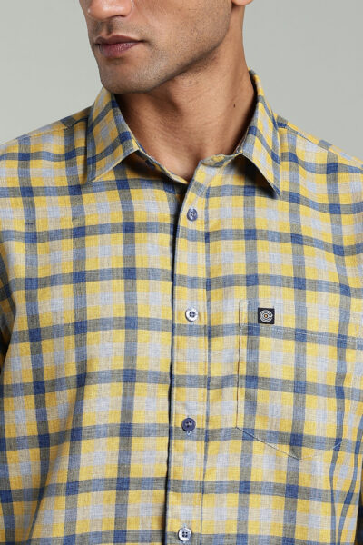 Men’s Premium Linen Checked Long Sleeve Shirt with Logo Detail – Yellow & Blue Checks