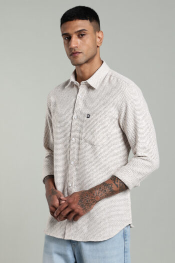 Men’s Premium Linen Long Sleeve Shirt – Ecru & Blue