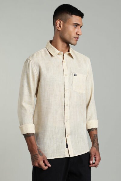 Men’s Linen Long Sleeve Shirt with Logo Detail – White & Yellow - YELLOW, XXL