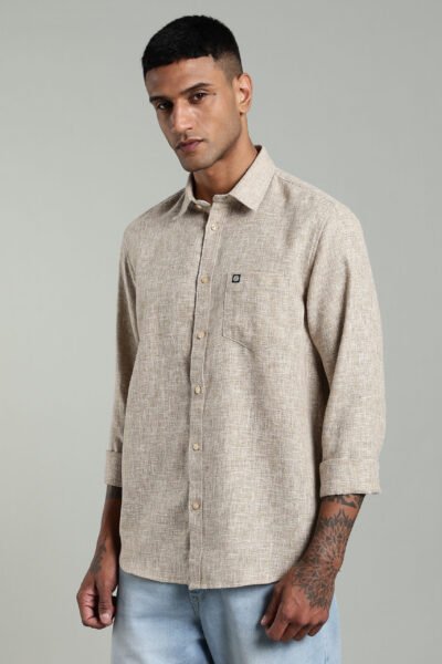 Men’s Premium Linen Long Sleeve Shirt with Logo Detail – Light & Dark Ecru - DARK ECRU, XXL