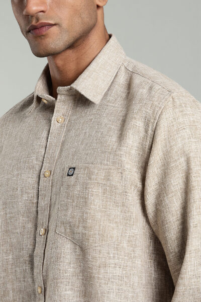 Men’s Premium Linen Long Sleeve Shirt with Logo Detail – Light & Dark Ecru - DARK ECRU, XXL