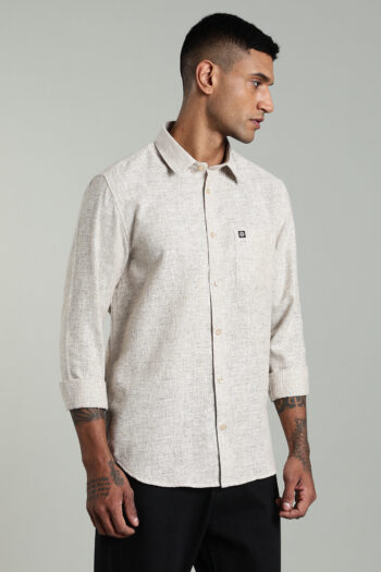 Men’s Premium Linen Long Sleeve Shirt with Logo Detail – Light & Dark Ecru