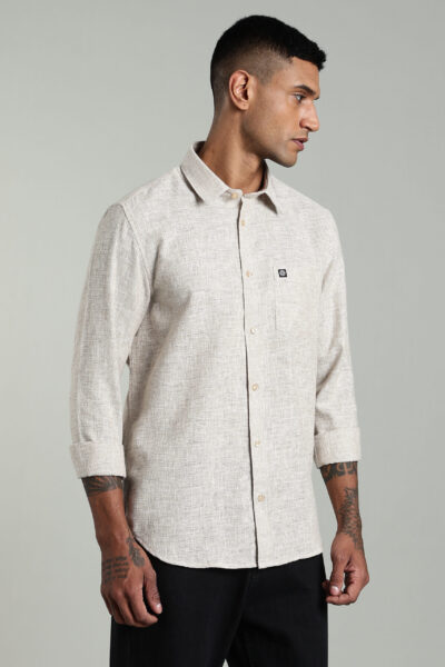 Men’s Premium Linen Long Sleeve Shirt with Logo Detail – Light & Dark Ecru