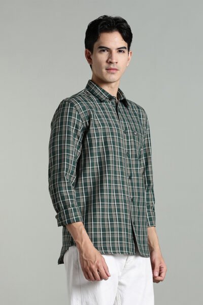 Men’s Cotton-Rich Checked Long Sleeve Shirt – Ecru & Dark Green - DARK GREEN, XXL