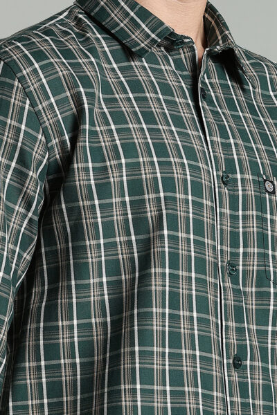 Men’s Cotton-Rich Checked Long Sleeve Shirt – Ecru & Dark Green - DARK GREEN, XXL