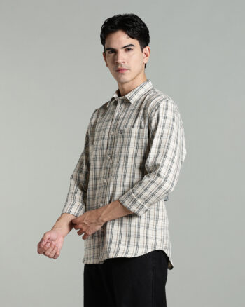 Men’s Cotton-Rich Checked Long Sleeve Shirt – Ecru & Dark Green