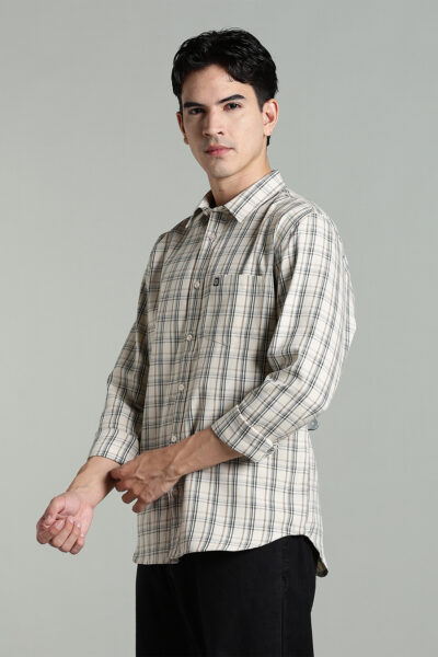 Men’s Cotton-Rich Checked Long Sleeve Shirt – Ecru & Dark Green