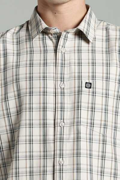 Men’s Cotton-Rich Checked Long Sleeve Shirt – Ecru & Dark Green - ECRU, XXL