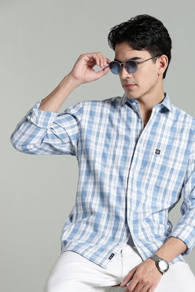 Men’s Cotton-Rich Checked Long Sleeve Shirt – Blue & Brown - BLUE, XXL