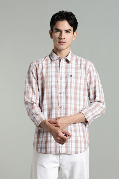 Men’s Cotton-Rich Checked Long Sleeve Shirt – Blue & Brown