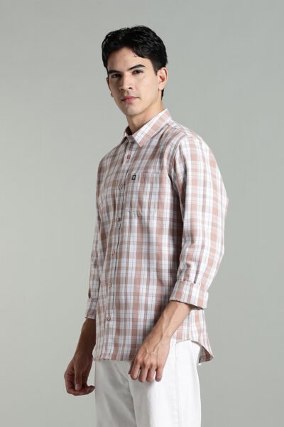 Men’s Cotton-Rich Checked Long Sleeve Shirt – Blue & Brown - BROWN, XXL