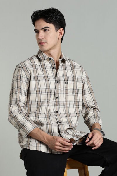 Men’s Cotton-Rich Checked Long Sleeve Shirt – Black & Beige - BEIGE, XXL