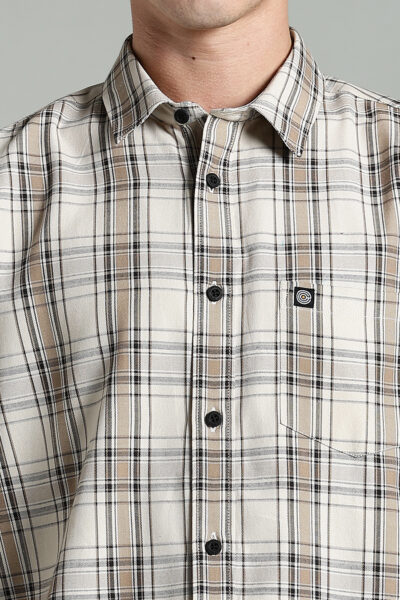 Men’s Cotton-Rich Checked Long Sleeve Shirt – Black & Beige - BEIGE, XXL