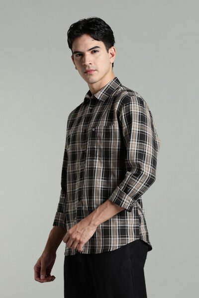 Men’s Cotton-Rich Checked Long Sleeve Shirt – Black & Beige - BLACK, XXL