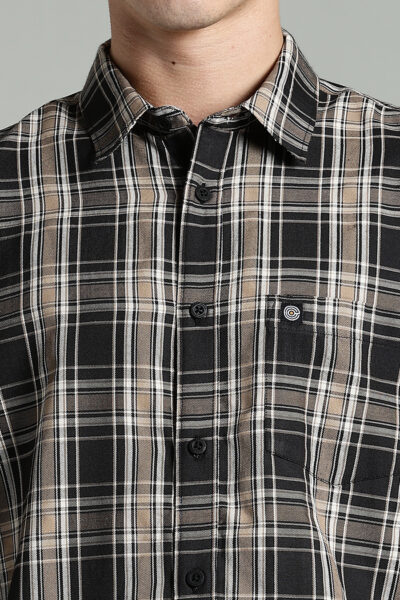 Men’s Cotton-Rich Checked Long Sleeve Shirt – Black & Beige - BLACK, XXL