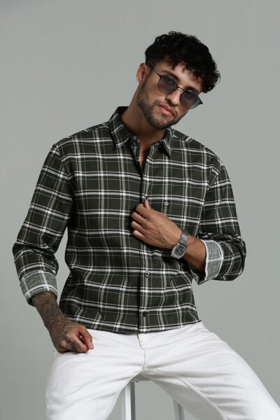 Men’s 100% Cotton Checked Long Sleeve Shirt with Logo Detail – Green - DARK GREEN, XXL