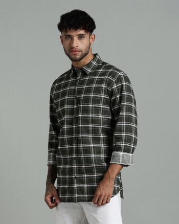 Men’s 100% Cotton Checked Long Sleeve Shirt with Logo Detail – Green