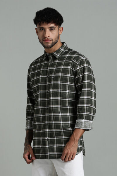 Men’s 100% Cotton Checked Long Sleeve Shirt with Logo Detail – Green
