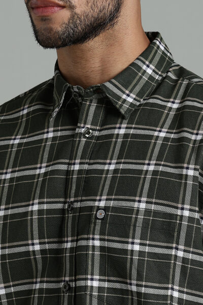Men’s 100% Cotton Checked Long Sleeve Shirt with Logo Detail – Green - DARK GREEN, XXL