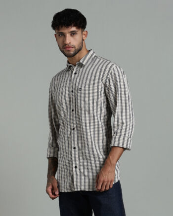 Men’s Cotton-Rayon Checked Long Sleeve Shirt with Logo Detail – Muted Beige