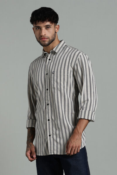 Men’s Cotton-Rayon Checked Long Sleeve Shirt with Logo Detail – Muted Beige