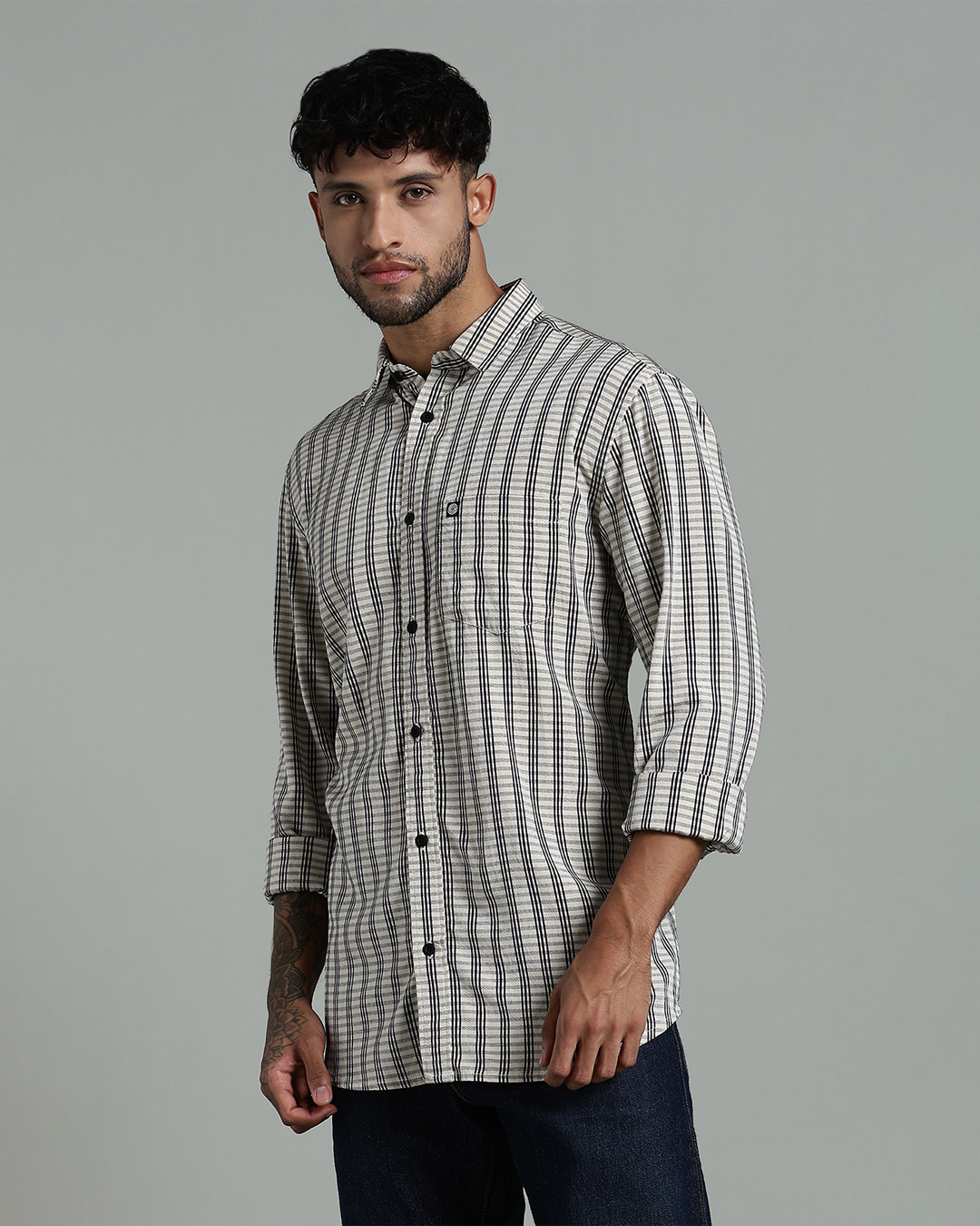 Men’s Cotton-Rayon Checked Long Sleeve Shirt with Logo Detail – Muted Beige