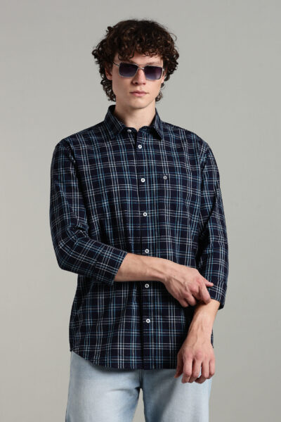 Men’s 100% Cotton Indigo Checked Long Sleeve Shirt – Regular Fit