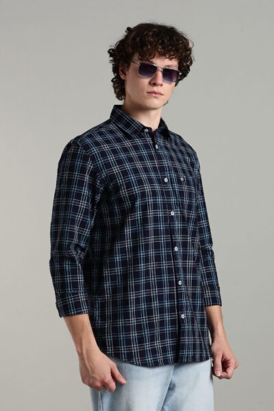 Men’s 100% Cotton Indigo Checked Long Sleeve Shirt – Regular Fit - DARK INDIGO, XXL