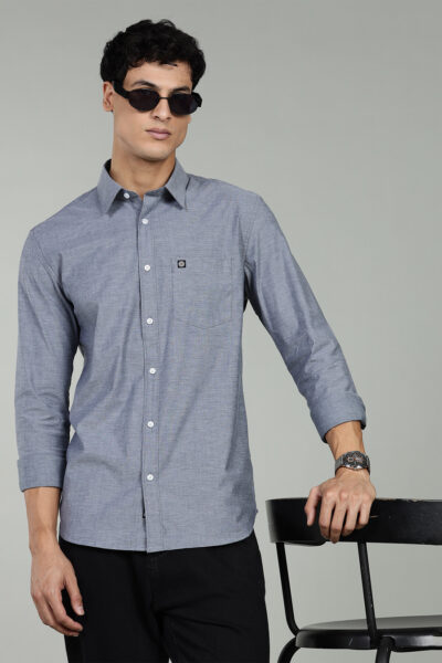 Men’s 100% Cotton Solid Chambray Long Sleeve Shirt – Navy