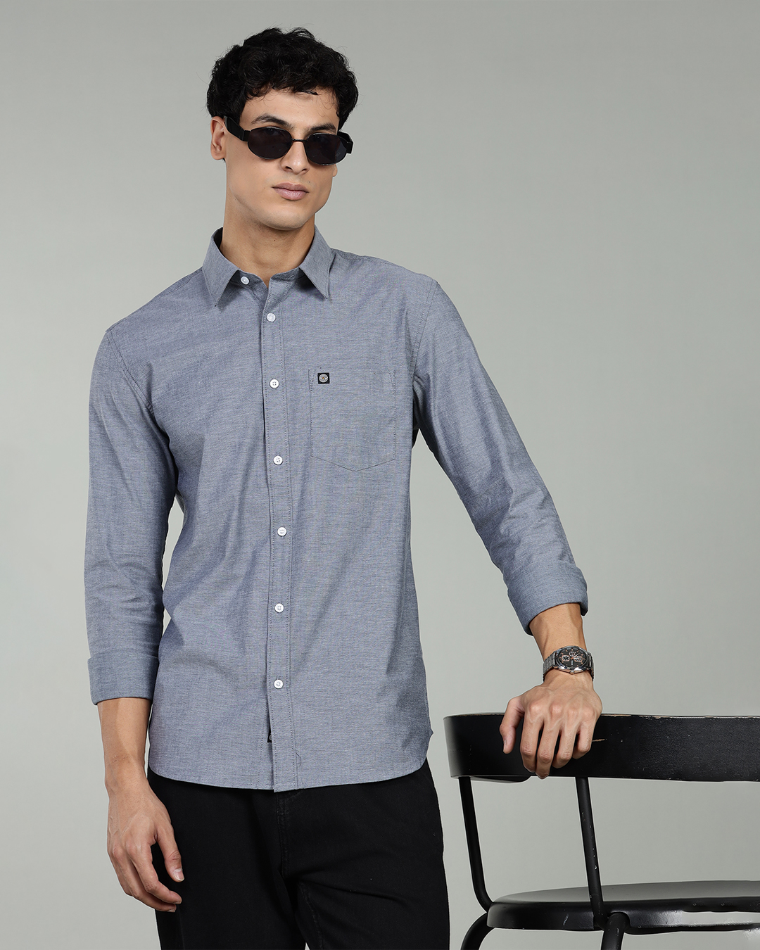 Men’s 100% Cotton Solid Chambray Long Sleeve Shirt – Navy