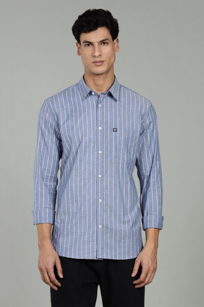 Men’s 100% Cotton Striped Long Sleeve Shirt – Navy Blue