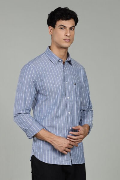 Men’s 100% Cotton Striped Long Sleeve Shirt – Navy Blue - NAVY MEL, XXL