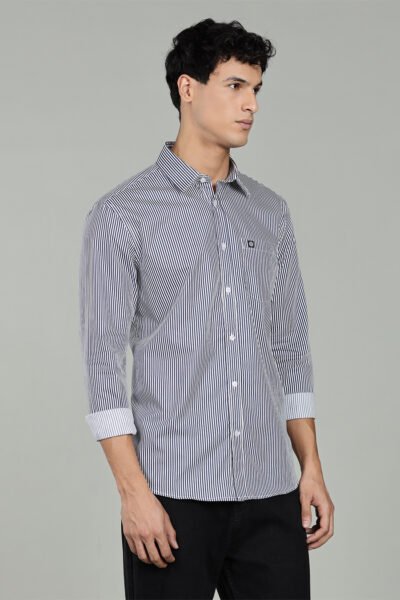 Men’s 100% Cotton Vertical Stripe Long Sleeve Shirt with Logo Detail – Navy - NAVY, XXL