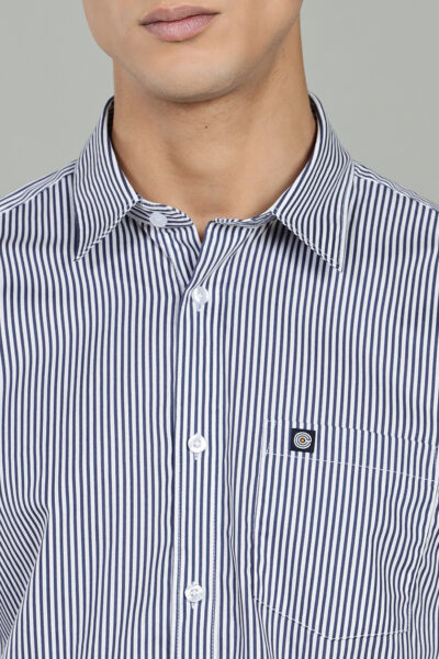 Men’s 100% Cotton Vertical Stripe Long Sleeve Shirt with Logo Detail – Navy - NAVY, XXL