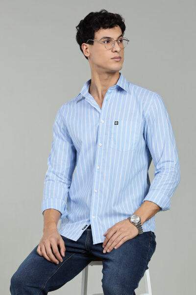 Men’s 100% Cotton Chambray Vertical Stripe Long Sleeve Shirt – Blue