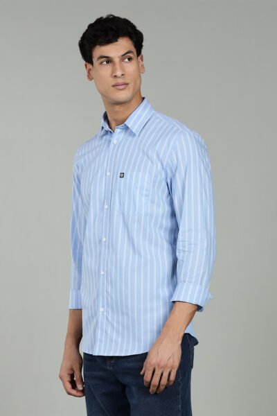 Men’s 100% Cotton Chambray Vertical Stripe Long Sleeve Shirt – Blue - BLUE, XXL