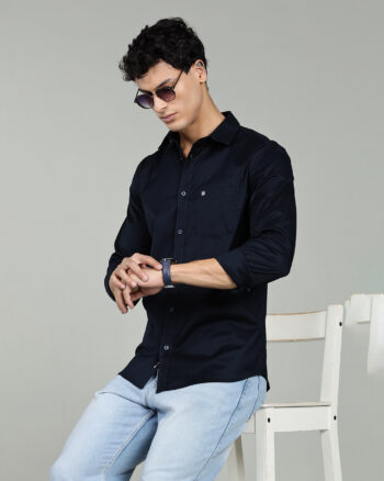 Men’s Solid Cotton-Rich Long Sleeve Shirt – Dark Navy