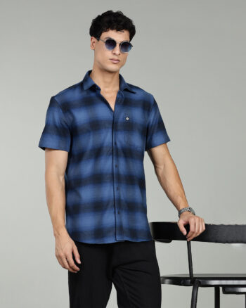 Men’s Premium Twill Checked Short Sleeve Cotton Shirt – Denim Blue